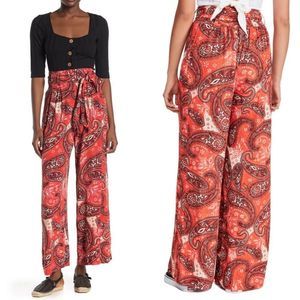 Free People Wide Leg High Waist Boho Tie Waist Paisley Pants Size Small